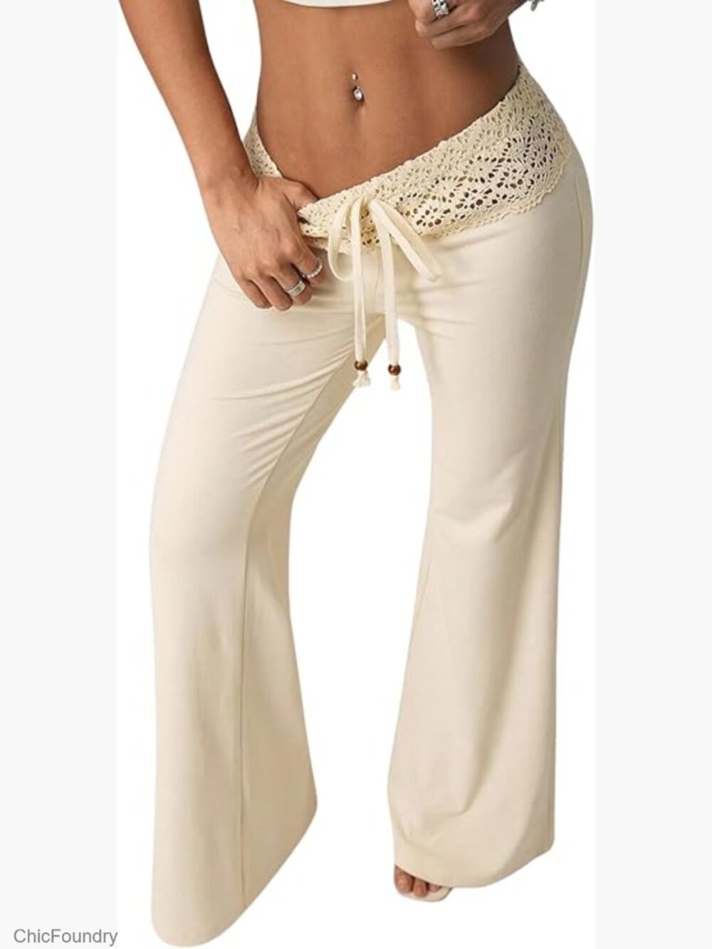 Wide Leg Knit Yoga Pants with Elastic Waist, Crochet Detail, Comfy Lounge